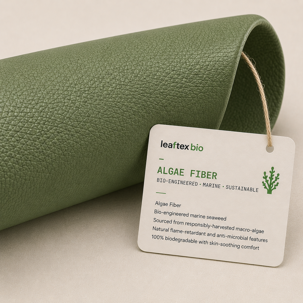 Roll of sage-green algae leather — fine pebbled grain, soft matte finish on pale stone.