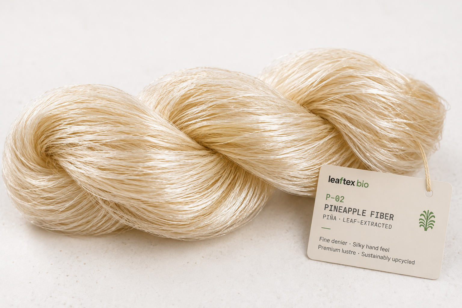 Fine pineapple fiber hank (piña) — delicate gold-white translucent threads, meticulously combed.